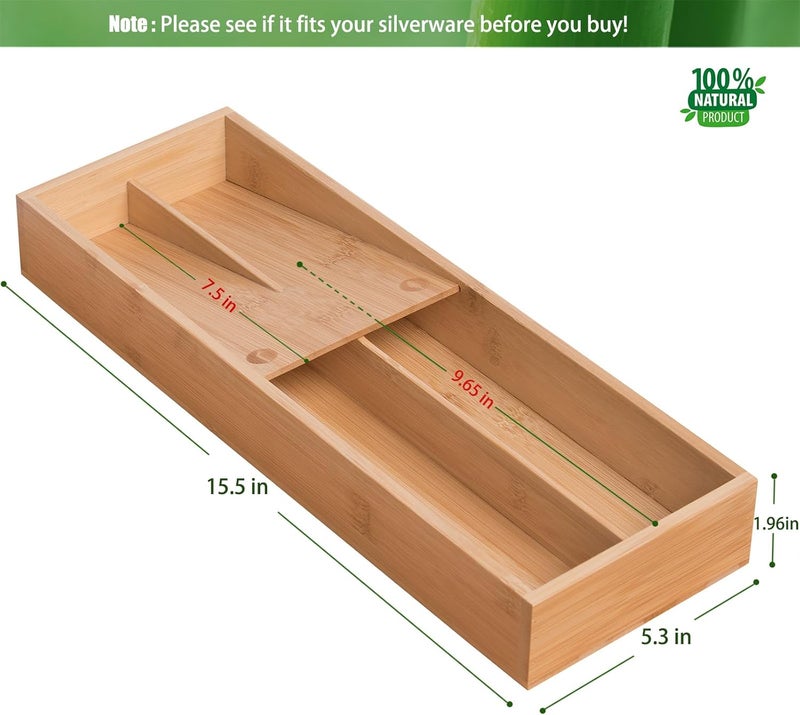guiogc Bamboo Silverware Drawer Organizer, Kitchen Small Silverware Organizer, Utensil Tray Holder, Cutlery Tray for Spoons, Forks, Knives, Suitable for a family of 2-4 - Image 2